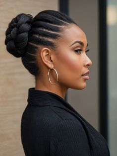 Combining sleekness with intricate braiding, this hairstyle elevates the updo to modern art. The braids add texture and dimension, leading up to a smoothly coiled bun that sits like a crown. It’s an exemplary style for women, showing how versatile and stylish it can be. Bun With Braids Black Women, Sleek Bun Hairstyles, Black Hair Bun, Hair Braid Patterns, Short Hair Hacks, Black Hair Updo Hairstyles, Sleek Updo, Sleek Bun, Sleek Ponytail Hairstyles