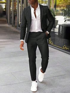 Black Party Collar   Plain  Embellished Non-Stretch  Men Clothing Guys Suits For Prom, Suits And Sneakers Men Outfits Prom, Prom Looks For Guys, Boy Prom Outfit, Boys Formal Wear, Simple Suit, Fits Inspiration, Black Suit Men, Blazer Casual