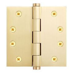 an image of a brass door hinge with four holes on the front and side