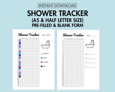 the printable shower tracker is shown in two different colors and sizes, with instructions to help