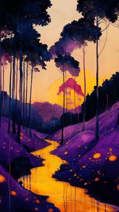 a painting of trees and water at sunset