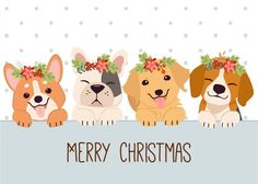 three dogs with christmas wreaths on their heads are sitting behind a sign that says merry christmas