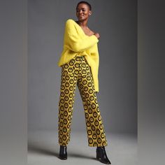 Super Cute Printed Gold And Black Wide Leg Velvet Pants -High Rise -Front And Back Patch Pockets -Zip Closure -New With Tags -14" Across Waist -11" Rise -26" Inseam Bold Fall Bottoms, Chic Mustard Wide Leg Pants, Yellow Wide-leg Workwear Bottoms, Yellow Wide-leg Workwear Pants, Yellow Wide-leg Pants For Work, Mustard High Waist Bottoms For Workwear, Mustard High-waist Bottoms For Work, High Waist Mustard Bottoms For Work, Mustard Fitted Bottoms For Workwear