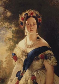 a painting of a woman wearing a blue and white dress with flowers in her hair