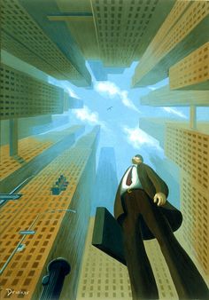 a painting of a man in a suit and tie walking through a city with tall buildings