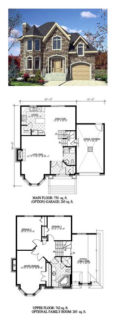 two story house plans with garage and living room on the first floor, one bedroom in the