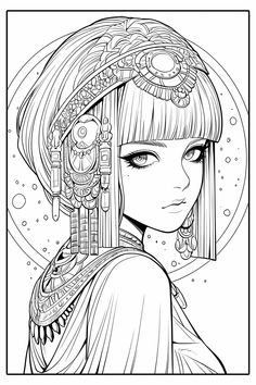 a girl with long hair wearing a headdress and an elaborate necklace is featured in this coloring page