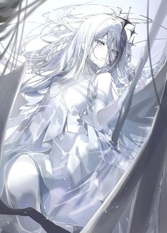 an anime character with white hair and wings