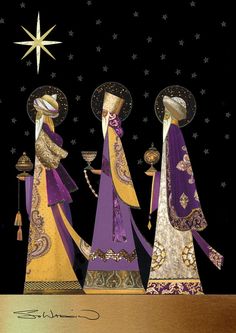 three women dressed in purple and gold with a star above them