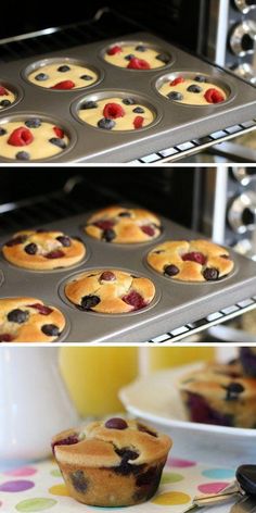 blueberry muffins are being cooked in the oven and placed on a plate