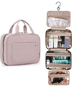 an open travel bag with makeup and toiletries in it