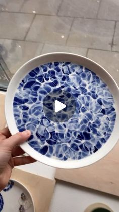 a person is holding a blue and white bowl