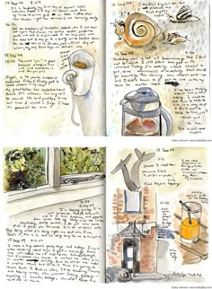 an open book with drawings on it and coffee in the cup, next to a window