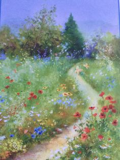 an oil painting of a path in a field with wildflowers