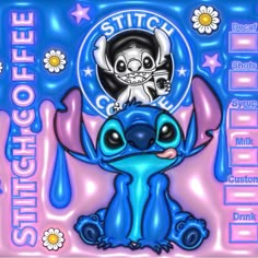 the stitch - off character is sitting on top of a blue and pink background