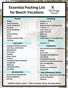 the essential packing list for beach vacations is shown in blue and white, with palm trees