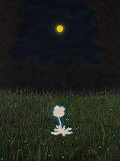 a painting of a flower in the grass at night with a full moon behind it