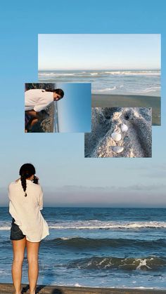 a woman standing on top of a beach next to the ocean