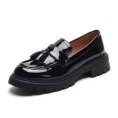 Women Minimalist Glossy Leather Casual Loafers-RAIIFY Black Leather Shoes Women, Spring Shoes Women, Rough Heels, Office Shoes Women, Office Shoes, Estilo Preppy, Patent Leather Shoes, Style Preppy, Loafers Style