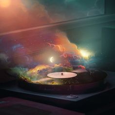 an old record player with space in the background