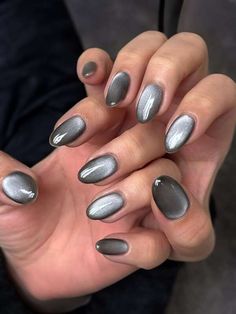 Gray Cat Eye Nails, Grey Nail, Uñas Ideas, Holloween Nails, Long Almond, Simple Gel Nails