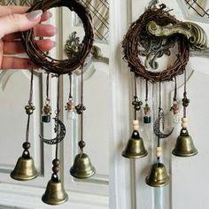 two pictures of bells hanging from the side of a door and one has a wreath on it