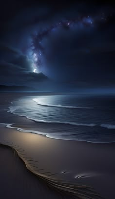 the night sky is full of stars and clouds over an ocean beach with sand dunes