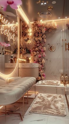 the interior of a luxurious bathroom with flowers on the wall and lights in the mirror