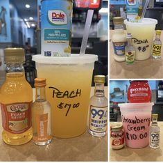 the ingredients for this drink are shown in three different pictures, including lemonade and peach juice