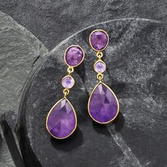 Ross-Simons - 24.50 ct. t. w. Amethyst Drop Earrings in 18kt Gold Over Sterling. Our beautiful amethyst earrings have such regal flair! 24.50 ct. t. w. pear and round amethysts swing for a marvelous effect. Set in polished 18kt yellow gold over sterling silver. Hanging length is 1 1/2". Post/clutch, amethyst drop earrings. Amethyst birthstones are the perfect gift for February birthdays. Amethyst Birthstone, Jewelry Essentials, Sterling Jewelry, Amethyst Jewelry, Amethyst Earrings, Amethyst Stone, Blue Stone, Women's Earrings, Gold Earrings