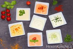 six square plates with different types of food on them