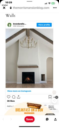 an instagram page with a fireplace and chandelier