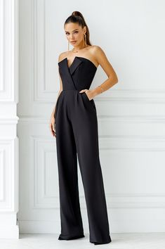 Fabric: Suit crepe diagonal Cotton 65%, Polyester 35% Pants length (inseam): 95cm/ 37.5in V-neck Wide-legs Concealed zip fastening at back Black Wedding Pantsuit, Formal Event Outfits For Women, Black Tie Party Outfit Women, Jumpsuit Outfit Elegant, Black Formal Jumpsuit, Modern Elegant Fashion, Prom Jumpsuit, Dressy Jumpsuits, Black Jumpsuit Outfit