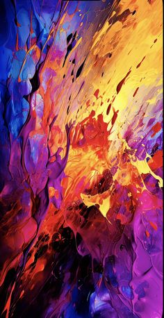 an abstract painting with orange, purple and yellow colors