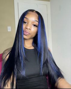 Blue And Black Hair Extensions, Blue Highlighted Wig, Sew In Blue Highlights, Lace Front Wigs Blue, Quick Weave With Blue Highlights, Wig With Blue Highlights Black Women, Blue And Black Quick Weave, Black And Blue Sew In, Wigs With Blue Highlights