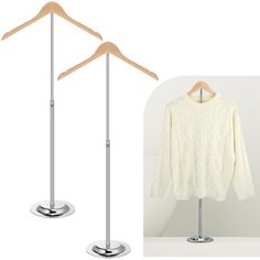 a pair of clothes stands next to an image of a sweater on a hanger