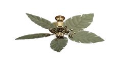 a white ceiling fan with green leaves on it's blades and two lights at the top