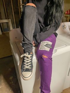 "Size 11 Purple & Black Split Dye Royal Bones Brand Jeans - 97% Cotton, 3% Spandex  *Hand Wash Only*  These split dyed purple and black stretch skinny jeans are punk rock royalty. They've been patiently upcycled to include a handcrafted cloth patch reading \"speak of the devil\" affixed next to a patch that features zipped lips. They have been hand distressed and feature a decorative alt style XL safety pin with crescent moon and gothic cross charms. We are obsessed with these pants. Inquire for Distressed Grunge Bottoms For Concert, Distressed Emo Bottoms For Streetwear, Distressed Emo Style Streetwear Bottoms, Grunge Distressed Bottoms For Festival, Diy Punk Clothes, Dyed Jeans, Punk Jeans, Split Dye, Punk Rock Grunge