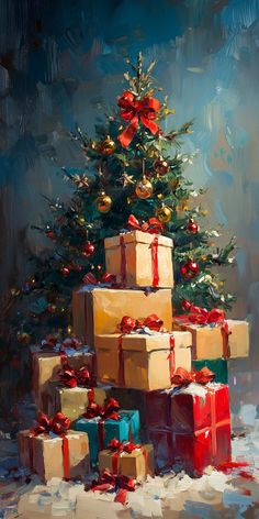 a painting of a christmas tree with presents under it on a snowy surface next to a pile of wrapped gifts