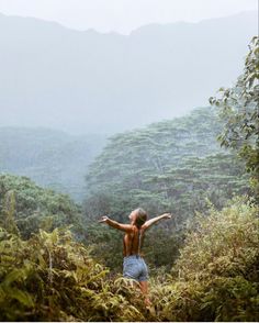 a man standing on top of a lush green forest filled with trees and bushes in the rain