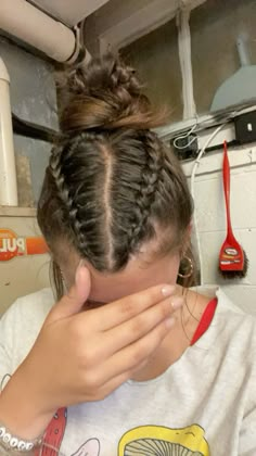 ~~Dutch braiss with messy buns~~ Dutch Braid Homecoming Hair, Hair Ideas Athletic, Dutch Braid To Pigtails, Hair Styles With French Braid, Cute Libero Hairstyles, Two Braids Into Messy Bun, French Braids Into High Bun, Bun Sports Hairstyles, Braids In To A Bun