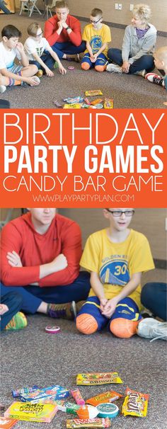 kids sitting on the floor with birthday party games in front of them and text overlay that reads, birthday party games candy bar game