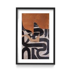 an abstract painting with black, orange and white colors on paper in a frame hanging on the wall