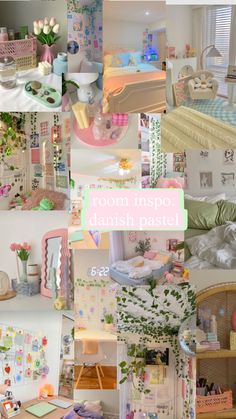 a collage of photos with the words room inspo danish pastel