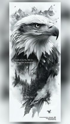 an eagle with mountains in the background and trees on it's side, as well as