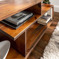 a book shelf with books on top of it