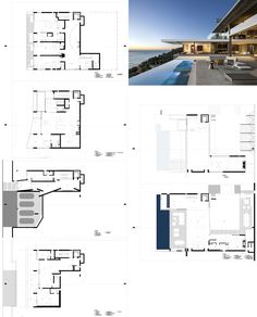 the floor plans and elevations of this modern house are shown in three different views