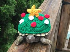 a turtle with a knitted hat on top of it's head sitting on a wooden rail