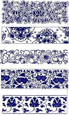 four different blue and white designs with flowers, leaves and swirls on the sides