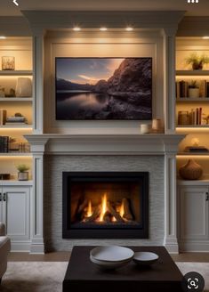 a living room with a fire place and built in bookshelves